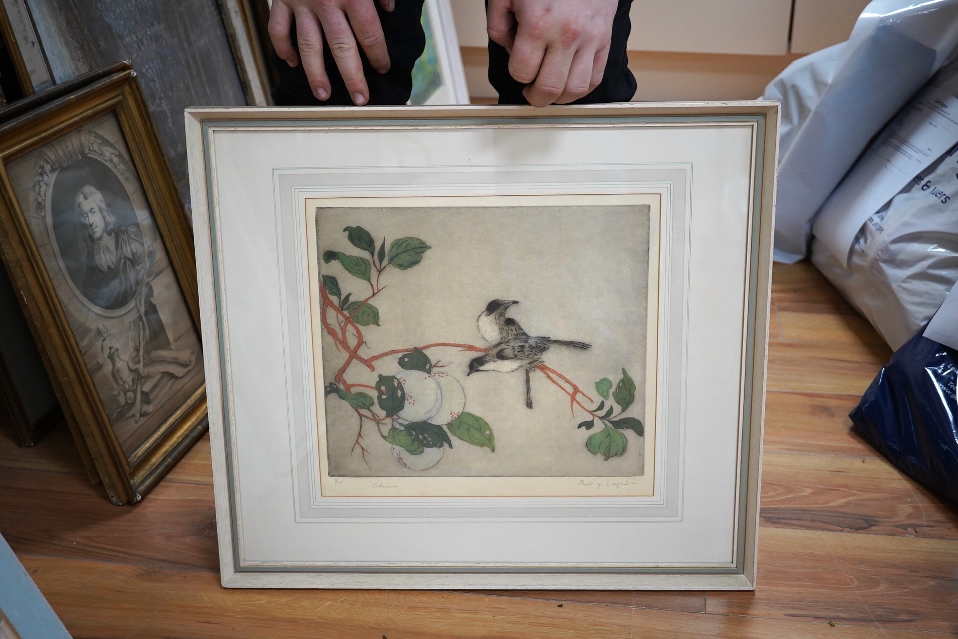 Elyse Ashe Lord (1900-1971), colour drypoint etching, birds amongst peaches, signed in ink, limited edition 5/75, 31 x 33cm. Condition - fair